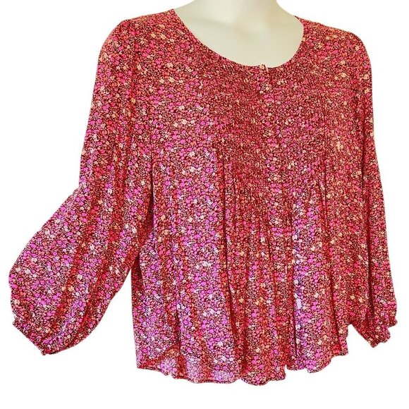 Lucky Brand Purple Print BOHO Top Balloon Sleeve with Pintucks Button Front XL - Picture 2 of 9